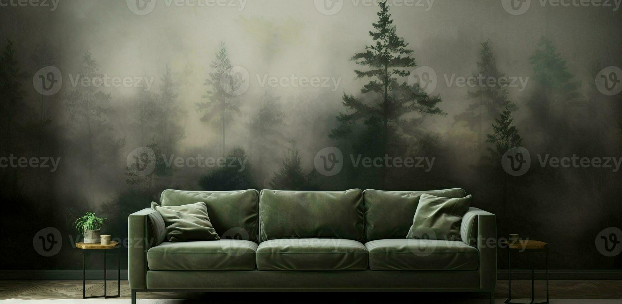 Generative AI, Interior design with couch, sofa and wallpaper of fir forest beautiful landscape in hipster vintage retro style, foggy mountains and trees. photo