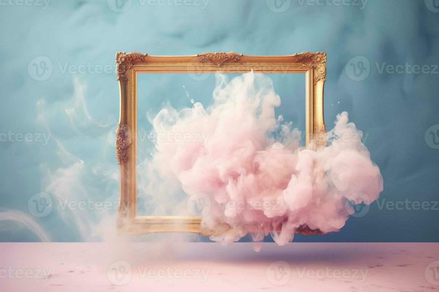 Generative AI, pastel light smoke around empty vintage beautiful frame. photo