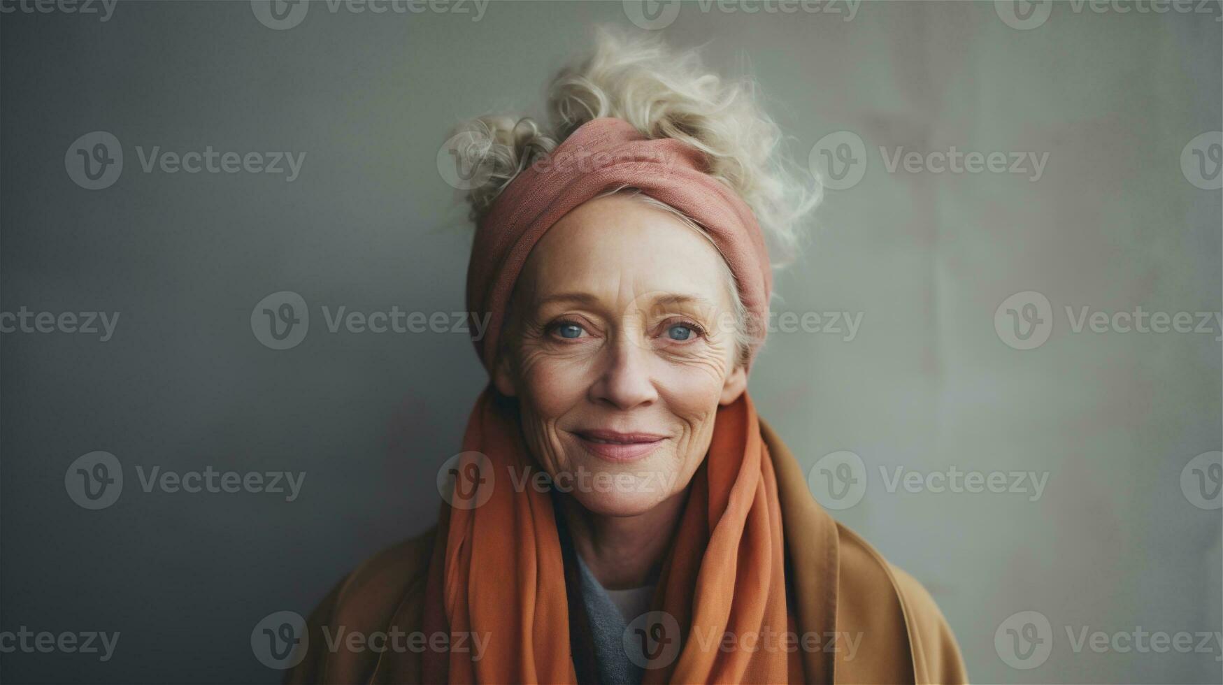 Generative AI, close-up of beautiful senior smiling woman, happiness look, aesthetic muted neutral colors photo