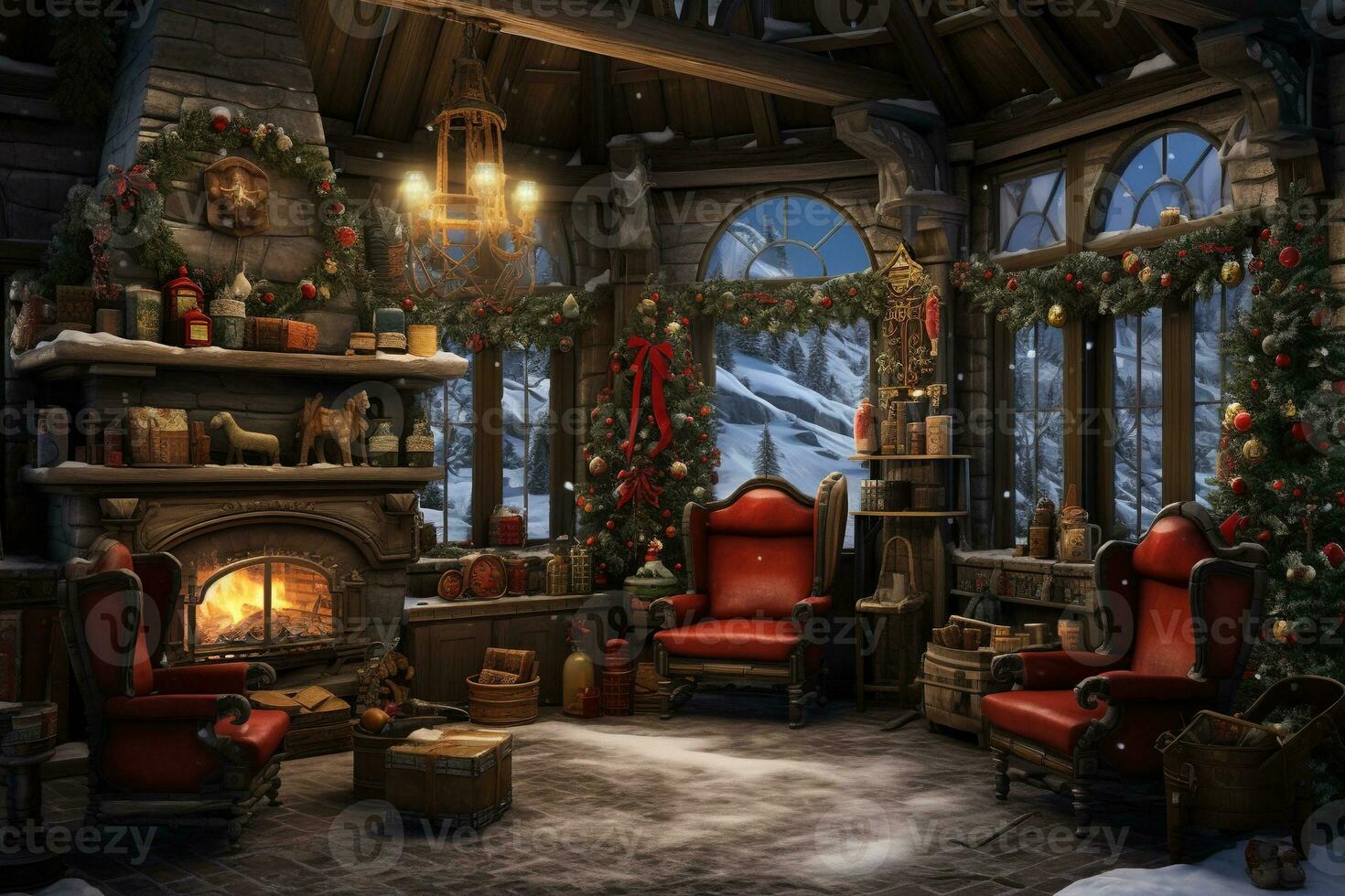 Generative AI, Christmas interior rural background, Santa Claus rustic workshop photo