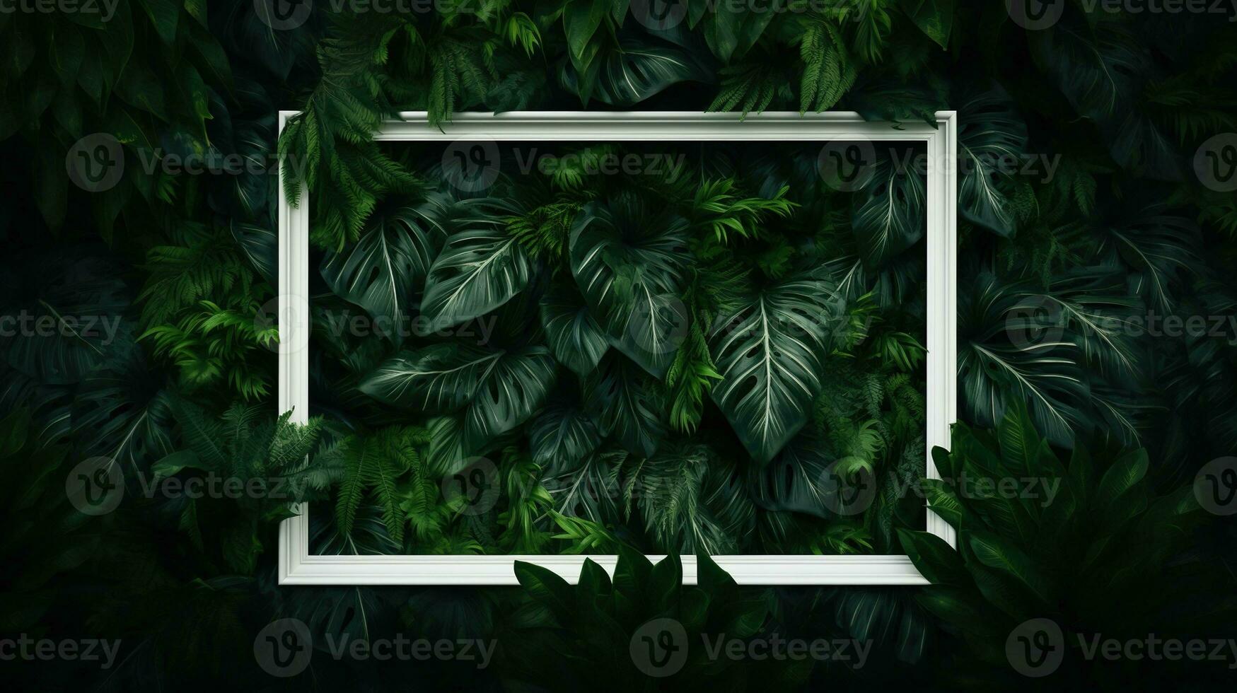 Generative AI, creative layout with green leaves and square frame, flat lay. Nature background with copy space photo