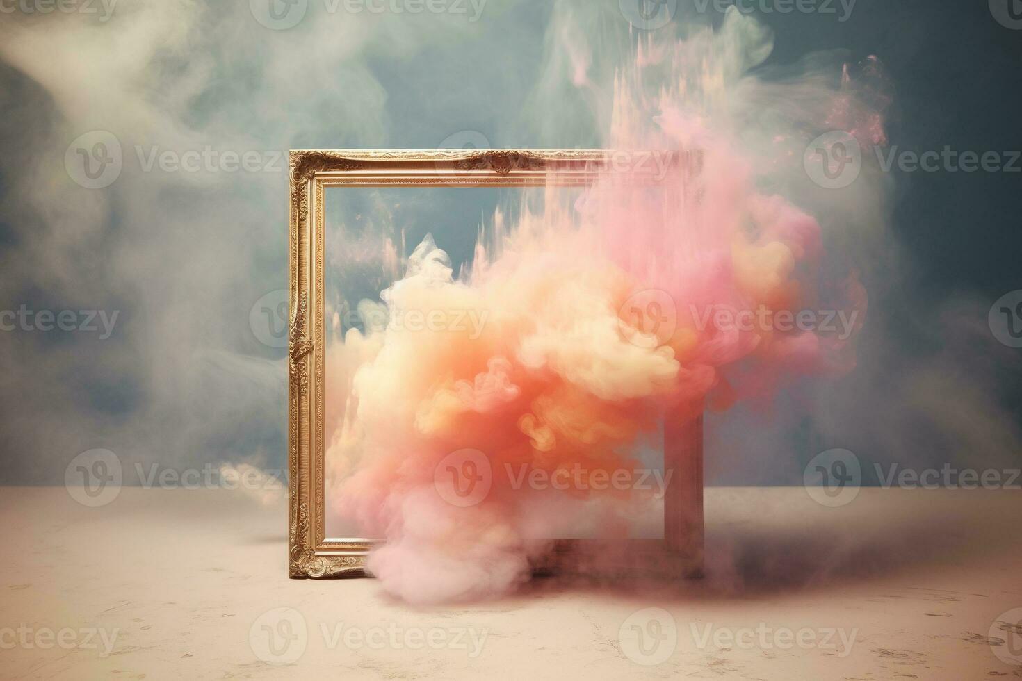 Generative AI, pastel light smoke around empty vintage beautiful frame. photo