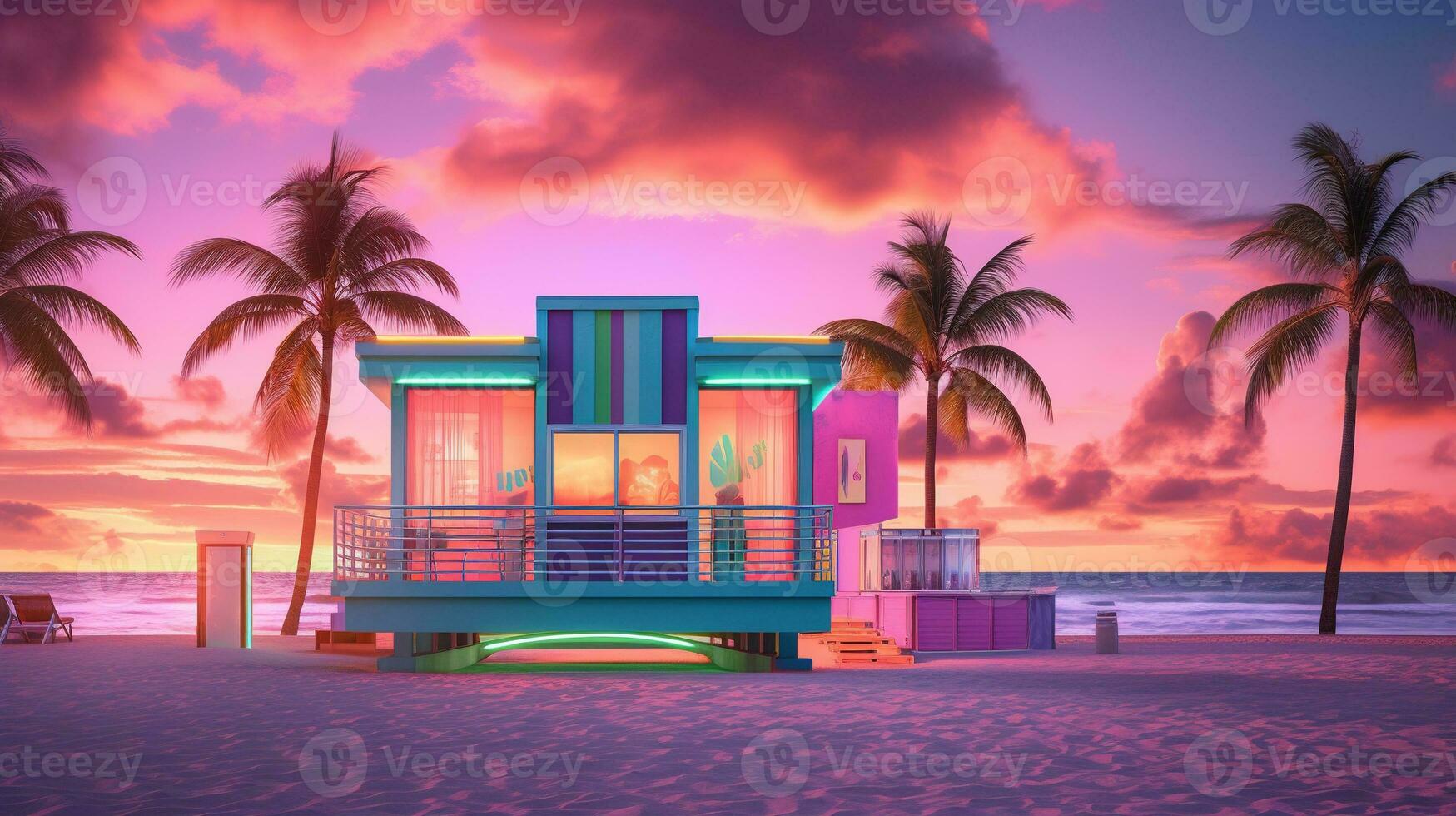 Generative AI, Miami beach huts, Summer Vibes retro illustration. Vintage pink and blue colors, buildings, California palms, 80s style photo