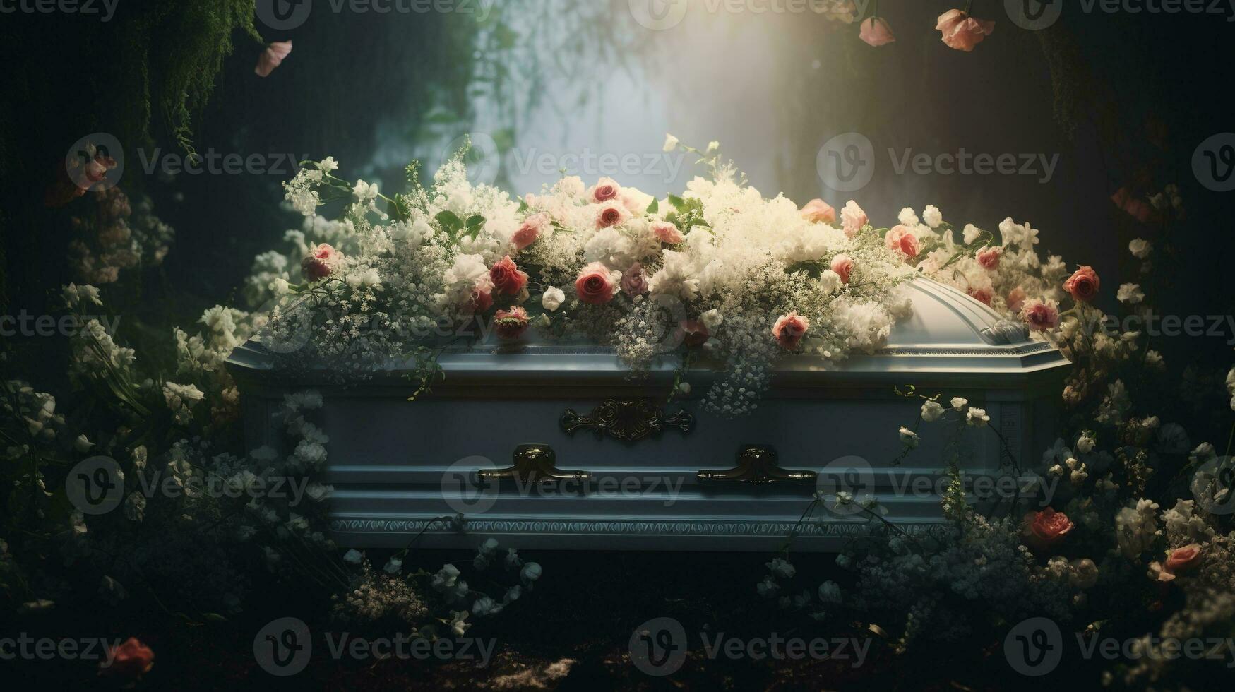 Generative AI, Flowers on a coffin in the funeral or burial services at cemetery, casket with flowers photo