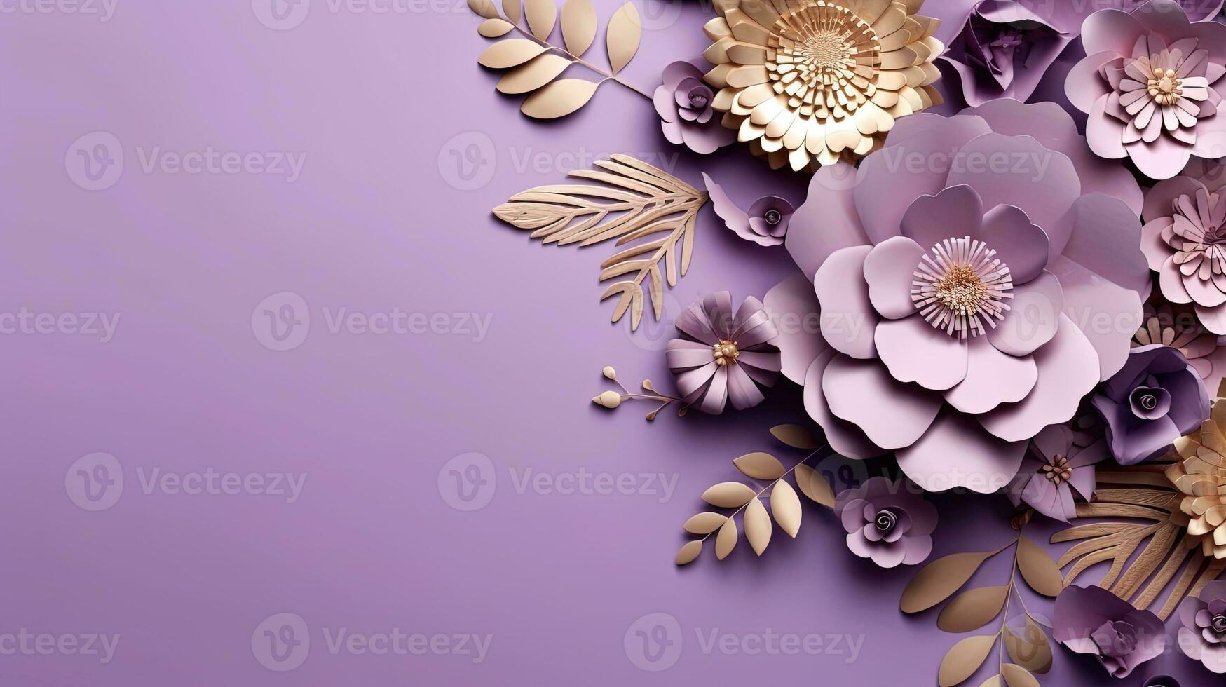 generativo ai, papel cortar arte flores y dorado hojas, ligero púrpura, digital lavanda color, floral origami texturizado fondo, primavera humor. foto