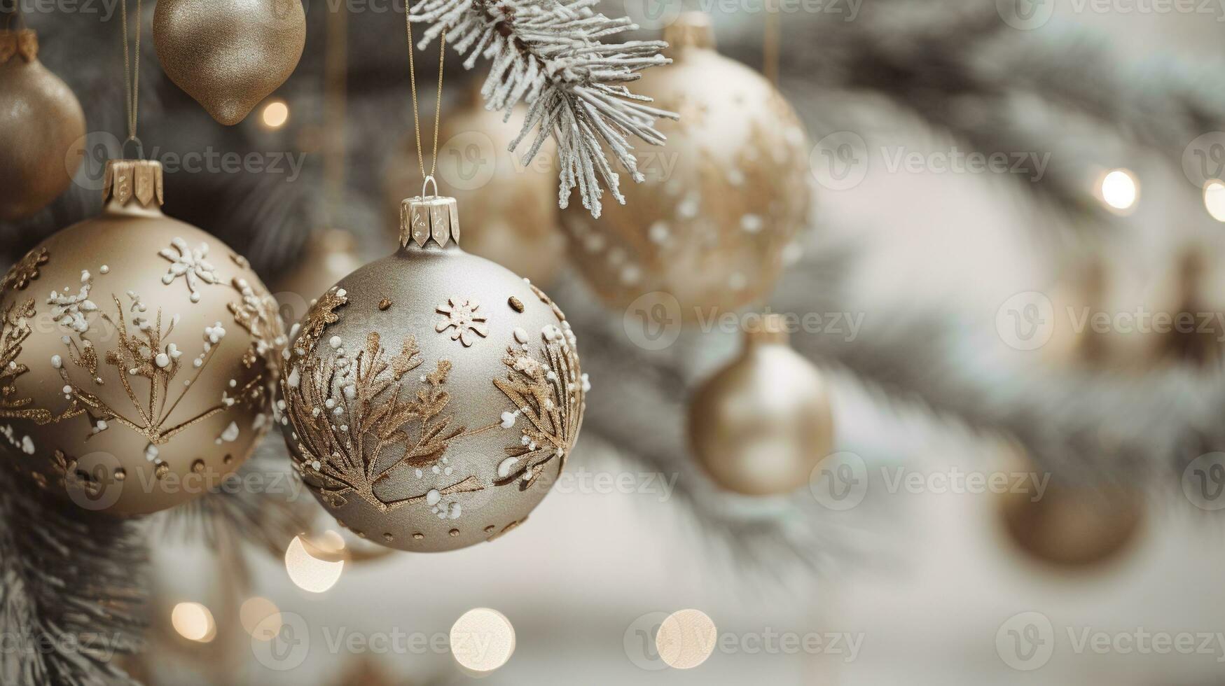 Generative AI, Chhristmas and new year balls in the fir tree branches, holidays concept, festive winter season background photo