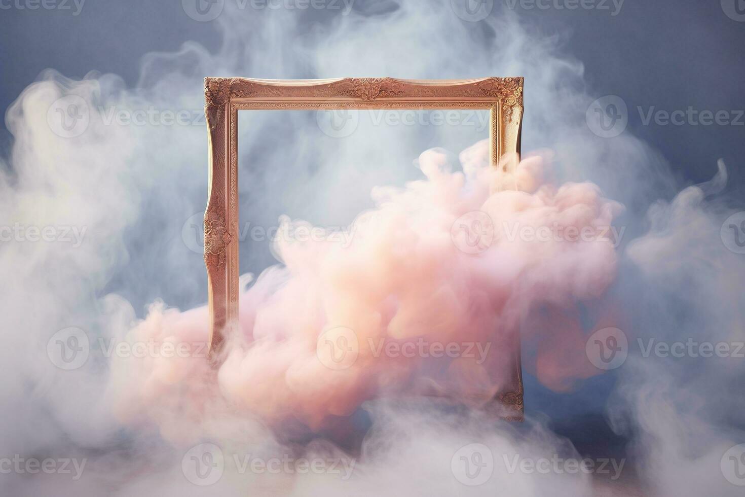 Generative AI, pastel light smoke around empty vintage beautiful frame. photo