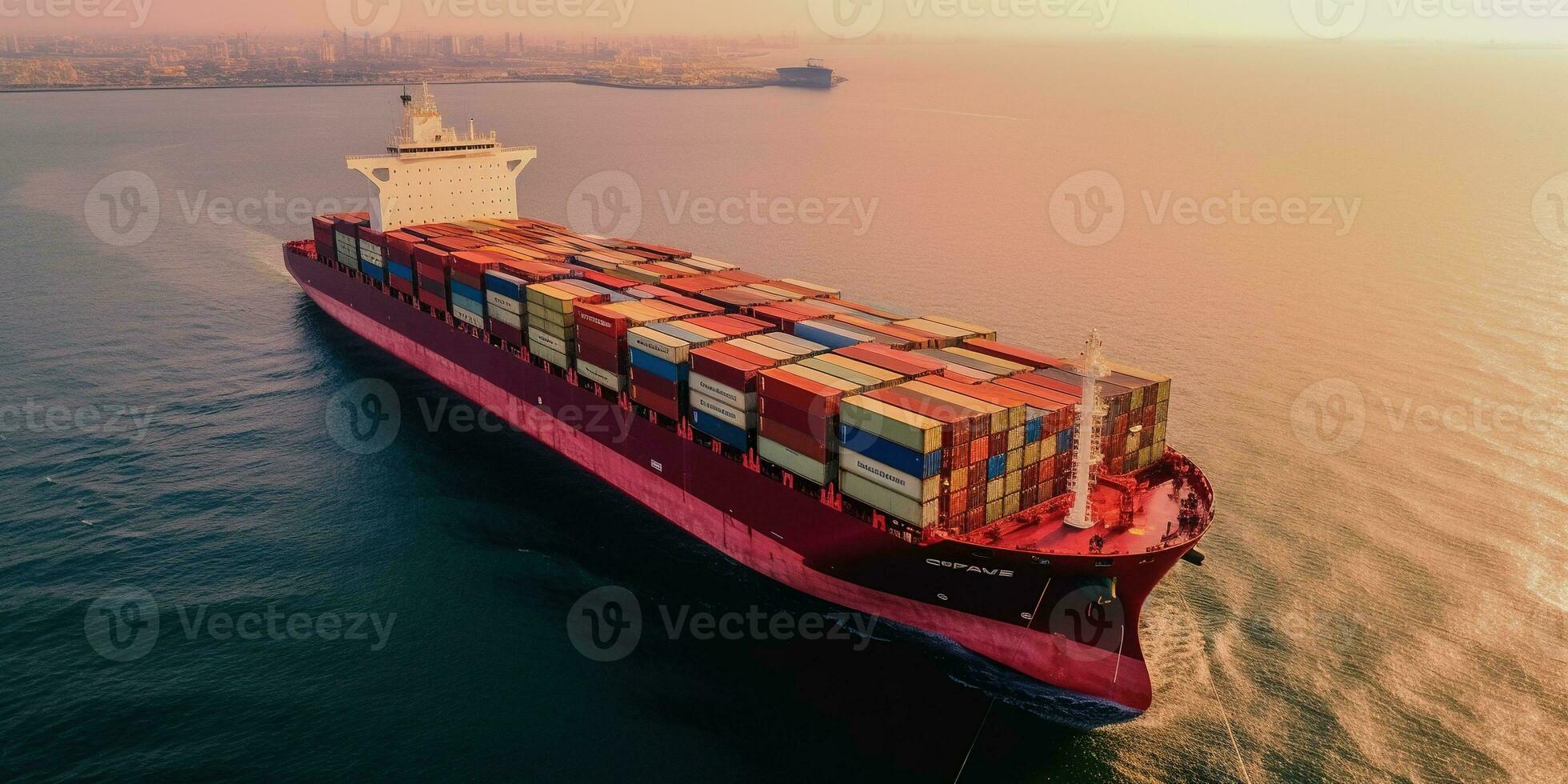 Generative AI, container ship in import export and business logistic. Aerial view, water transport, cargo shipping in open sea. photo