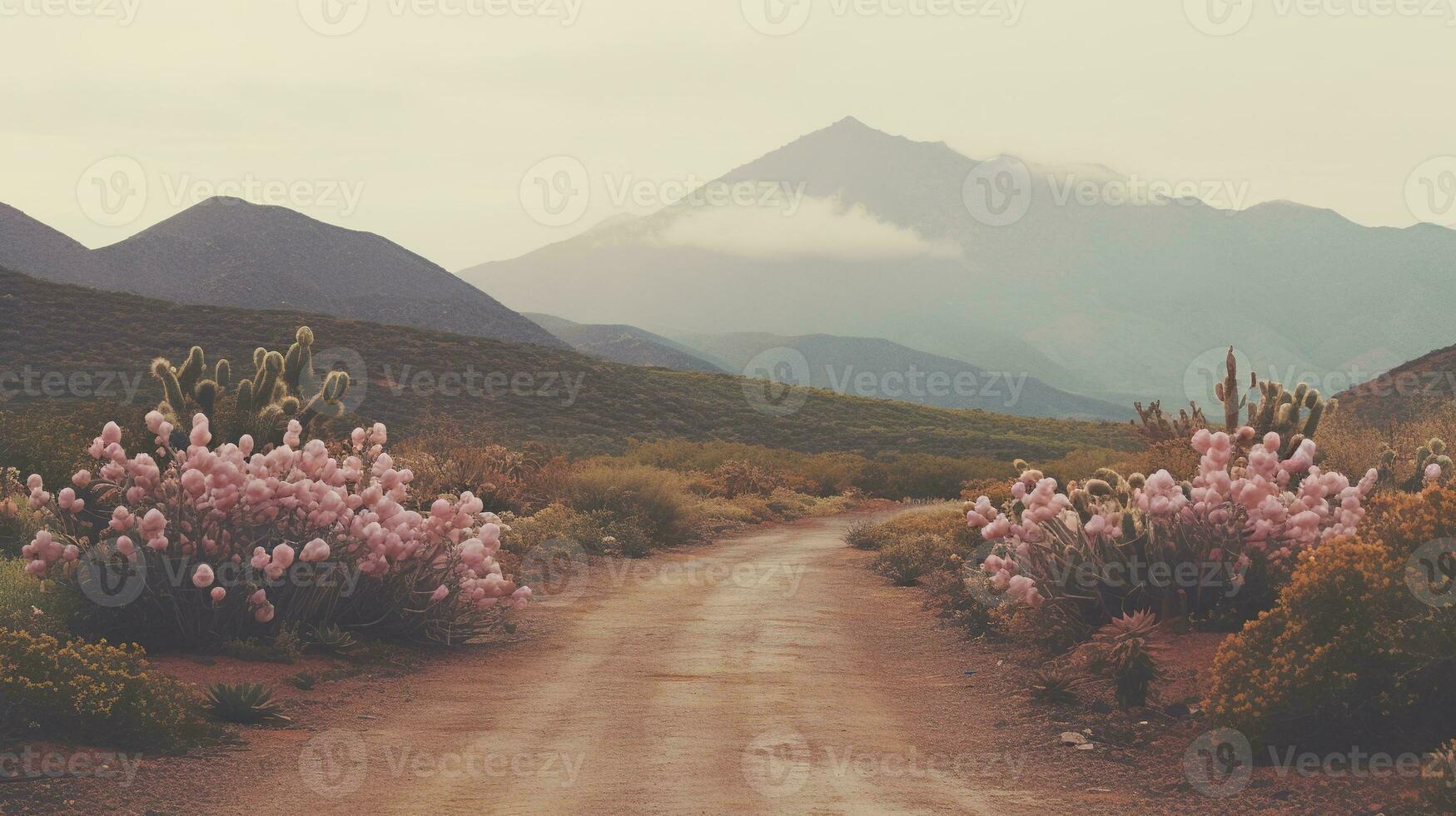 Generative AI, lonely road in the desert, aesthetic, muted neutral colors, cacti plants photo