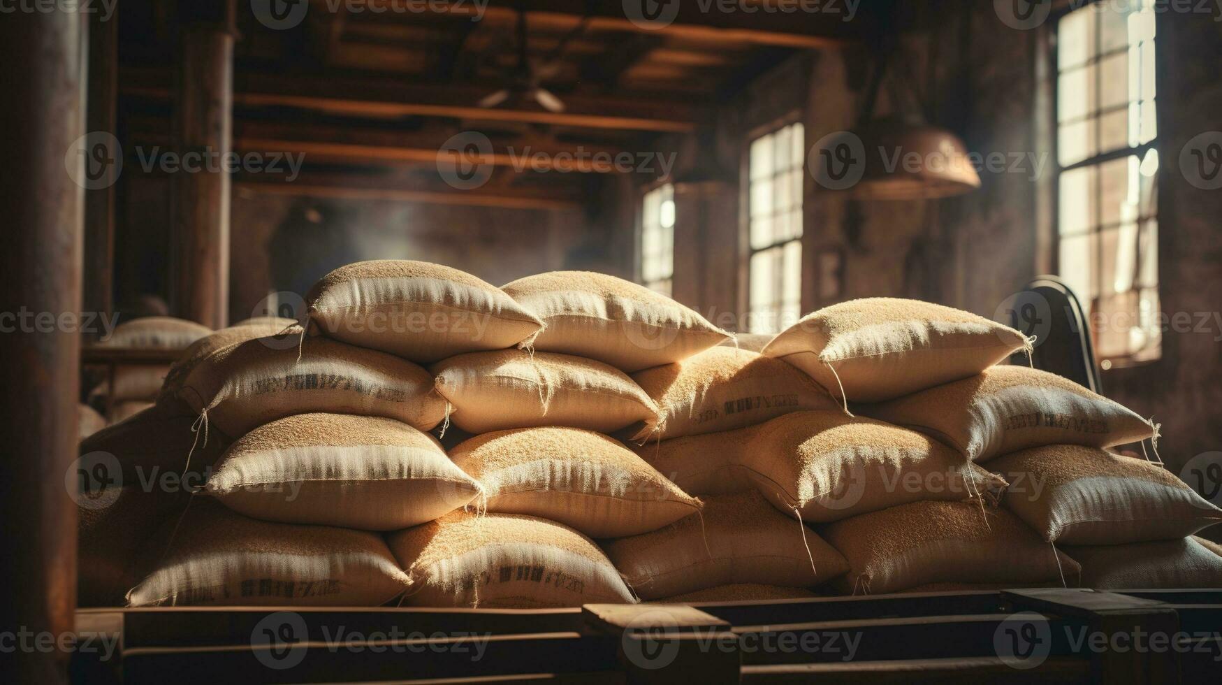 Generative AI, Stack hemp sacks of rice or coffee, industrial storage photo