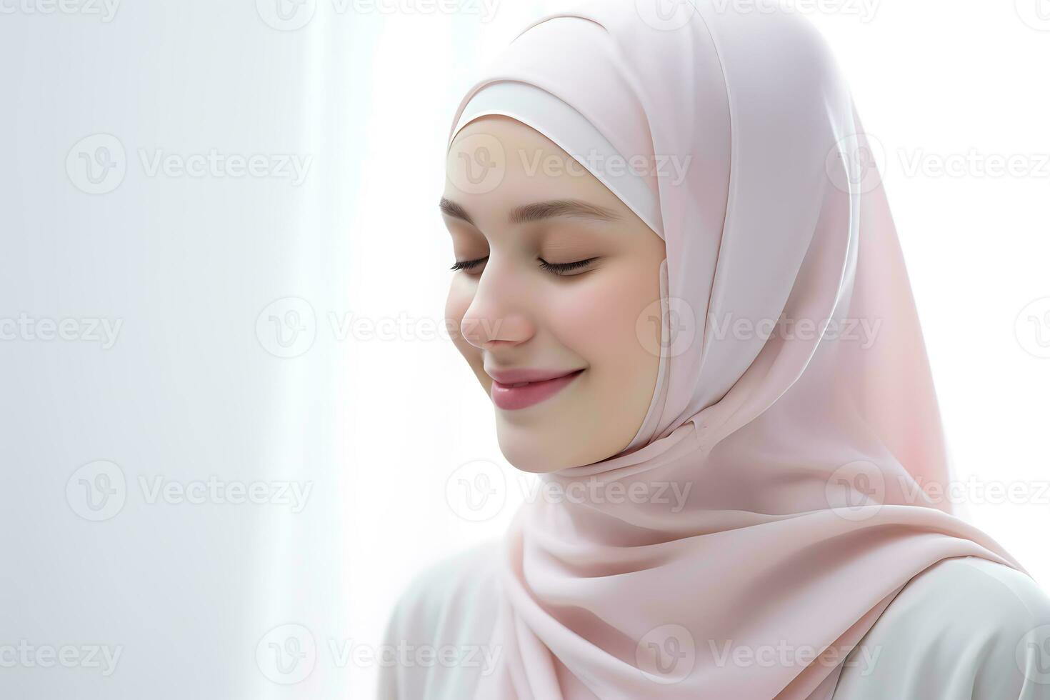 Hijab girl with closed eyes and closed eyes on white background AI Generated photo