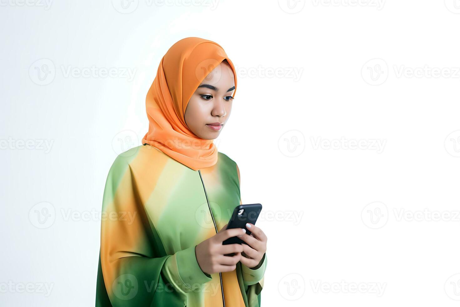 Hijab woman using mobile phone isolated on white background. Asian muslim model AI Generated photo