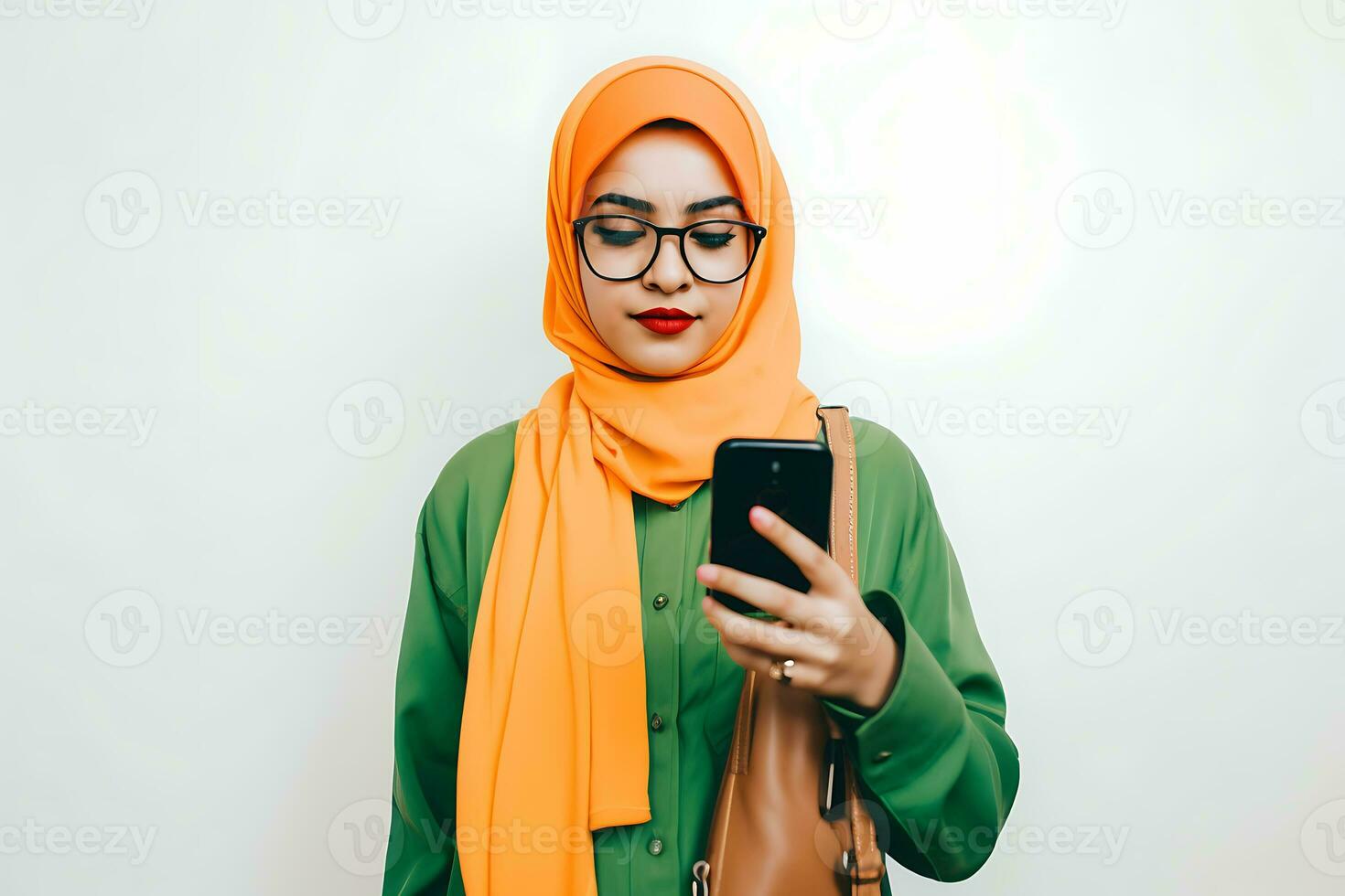 Hijab woman with mobile phone. Asian muslim girl with mobile phone AI Generated photo