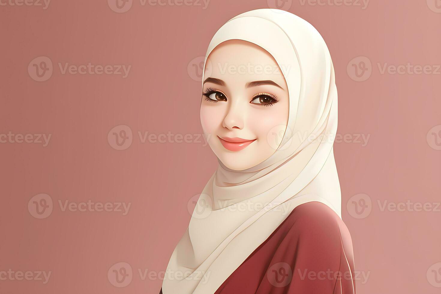 Portrait of beautiful muslim woman with white hijab on pink background AI Generated photo