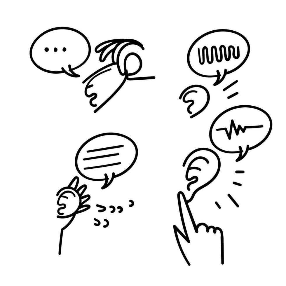 hand drawn doodle hand gesture to ear while listening illustration vector