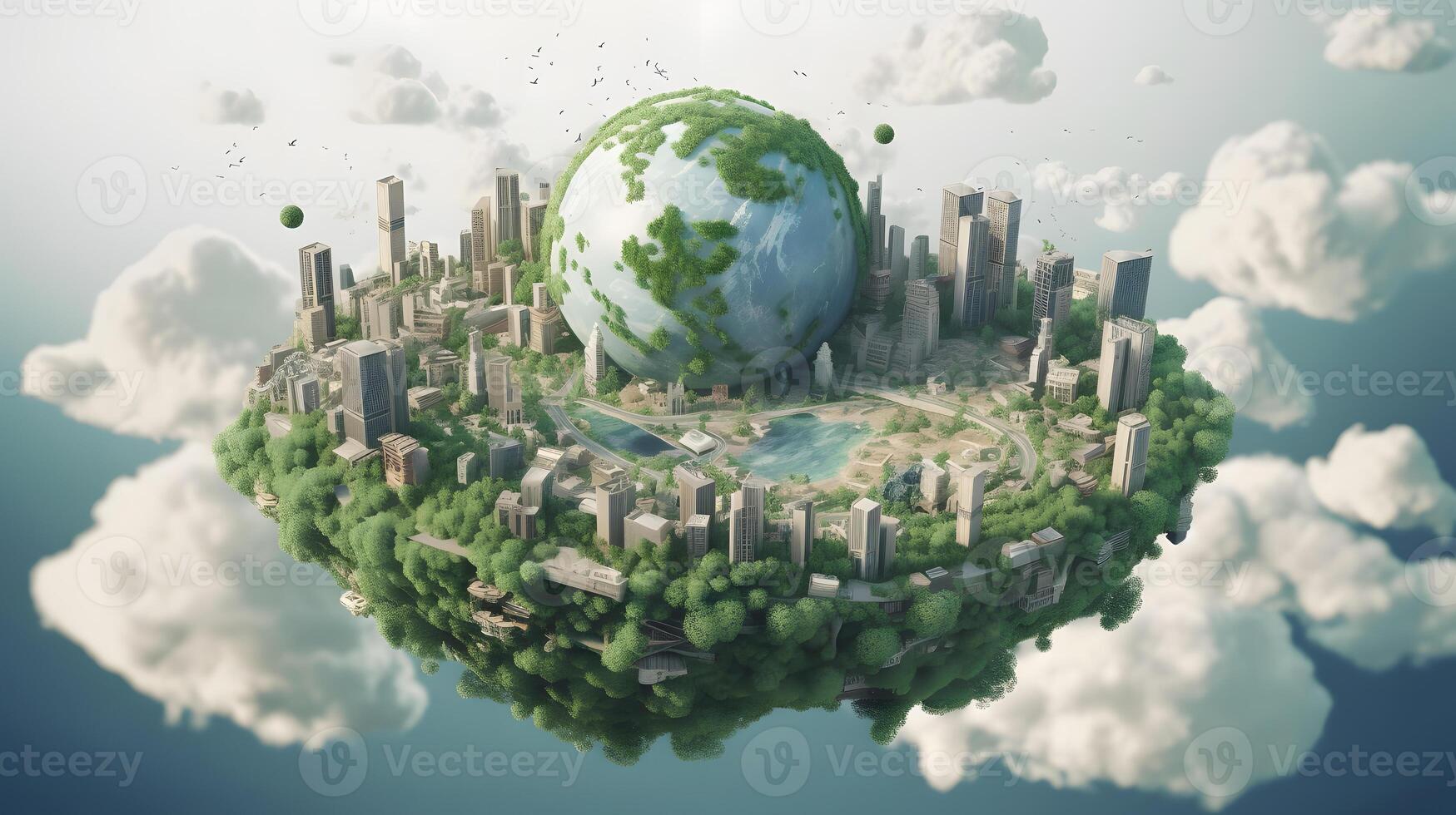 illustration of a city floating in the earth's ozone layer photo