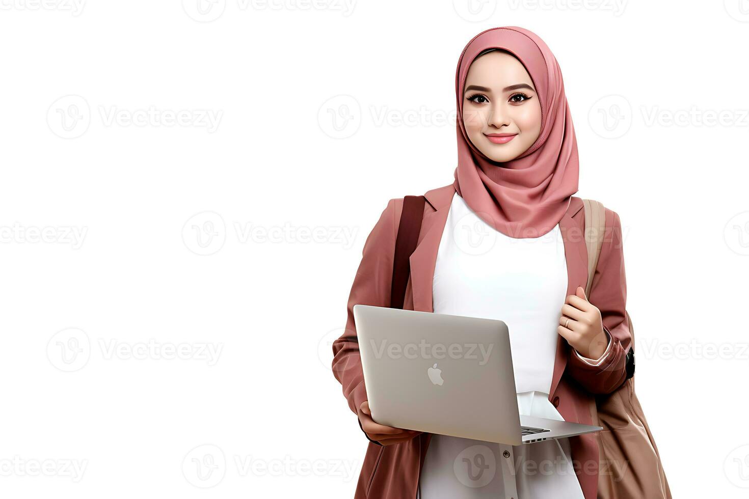 Hijab businesswoman with laptop computer isolated on white background AI Generated photo