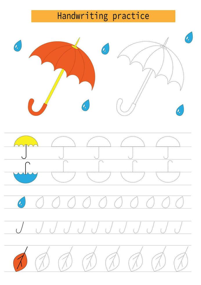 Line tracing for children, umbrella, raindrops, leaf, autumn, development of writing practice for children. Vector EPS10