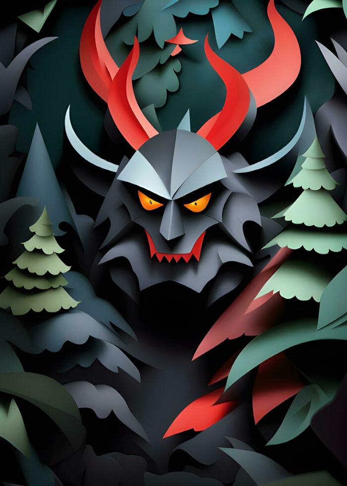 halloween monster with horns in dark forest , paper cut photo