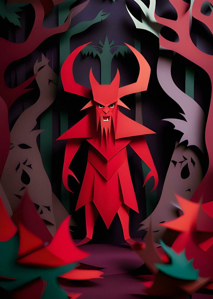 halloween monster with horns in dark forest , paper cut photo