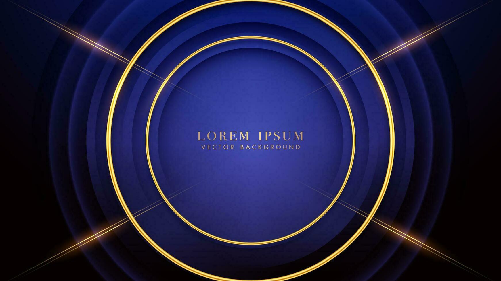 Golden line with gold circle frame and light decoration on blue background. Luxury style design concept vector