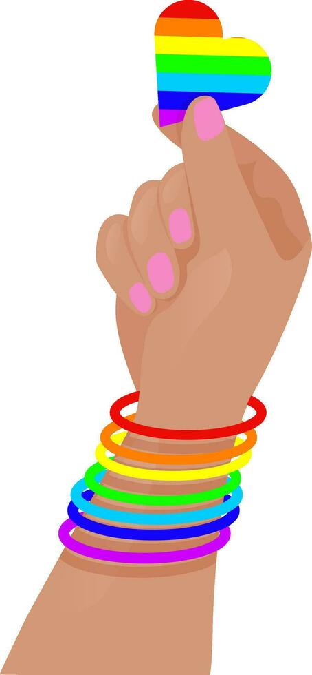 Hand holding heart in colors of LGBTQ community. Hands gesture. Pride month sticker. LGBT flat style icon. Vector illustration