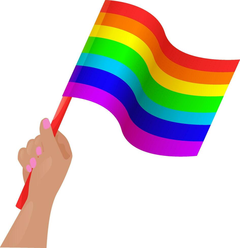 bandera del arco iris en la mano. bandera del orgullo, mano sosteniendo el símbolo lgbt aislado sobre fondo blanco, ilustración vectorial vector