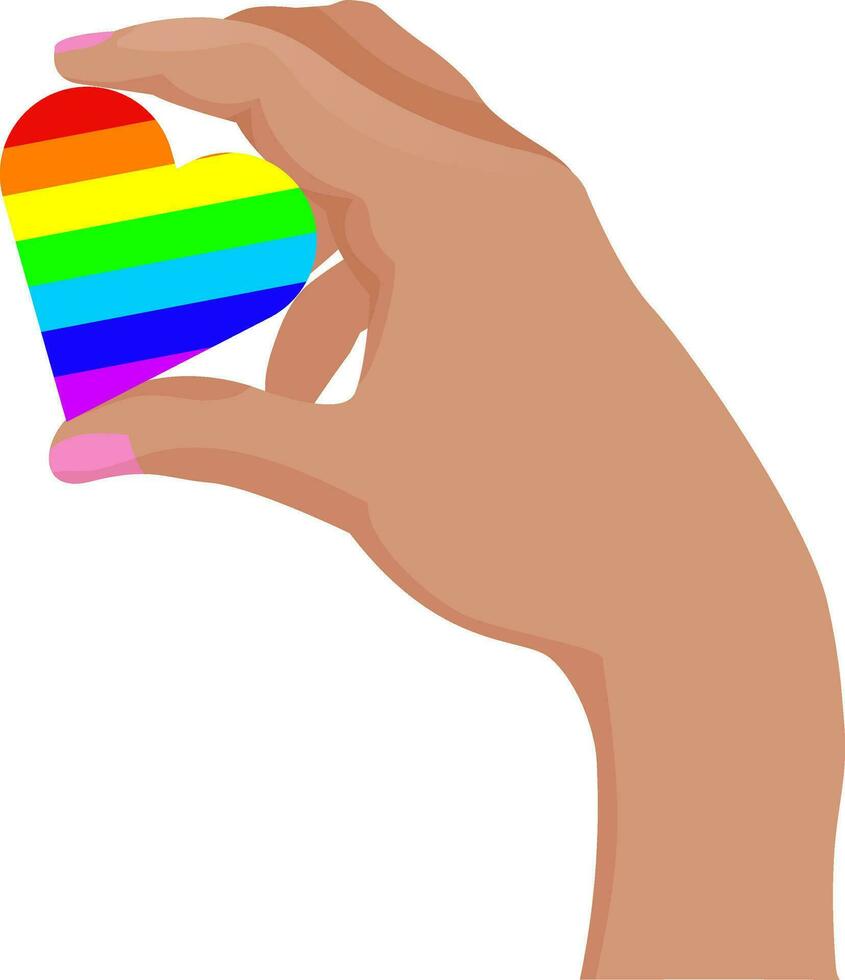 Hand holds heart LGBT flag rainbow,hand drawn pride month flat decoration. People's rights movement,diversity love time design.Isolated. Vector illustration