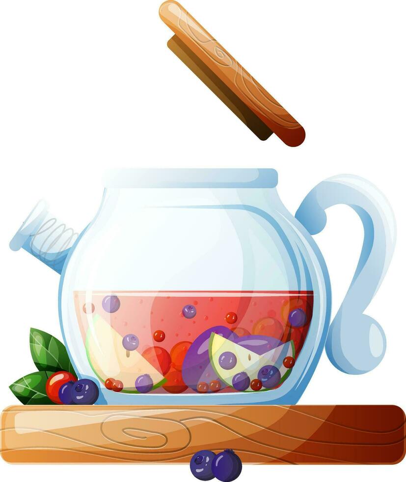Vector fruit tea with transparent teapot and berries. Design for red and fruit tea, drink menu, homeopathy, aromatherapy and health care products. Autumn compote in a glass decanter.