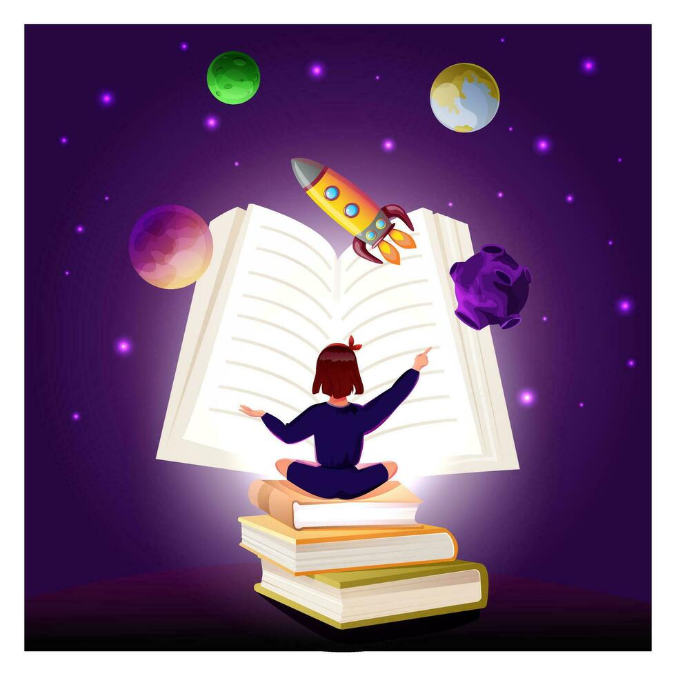 Vector illustration of open book with space elements - space shuttle, planets, stars, Earth. Girl read open book shows the universe. Imagination concept for world book day.