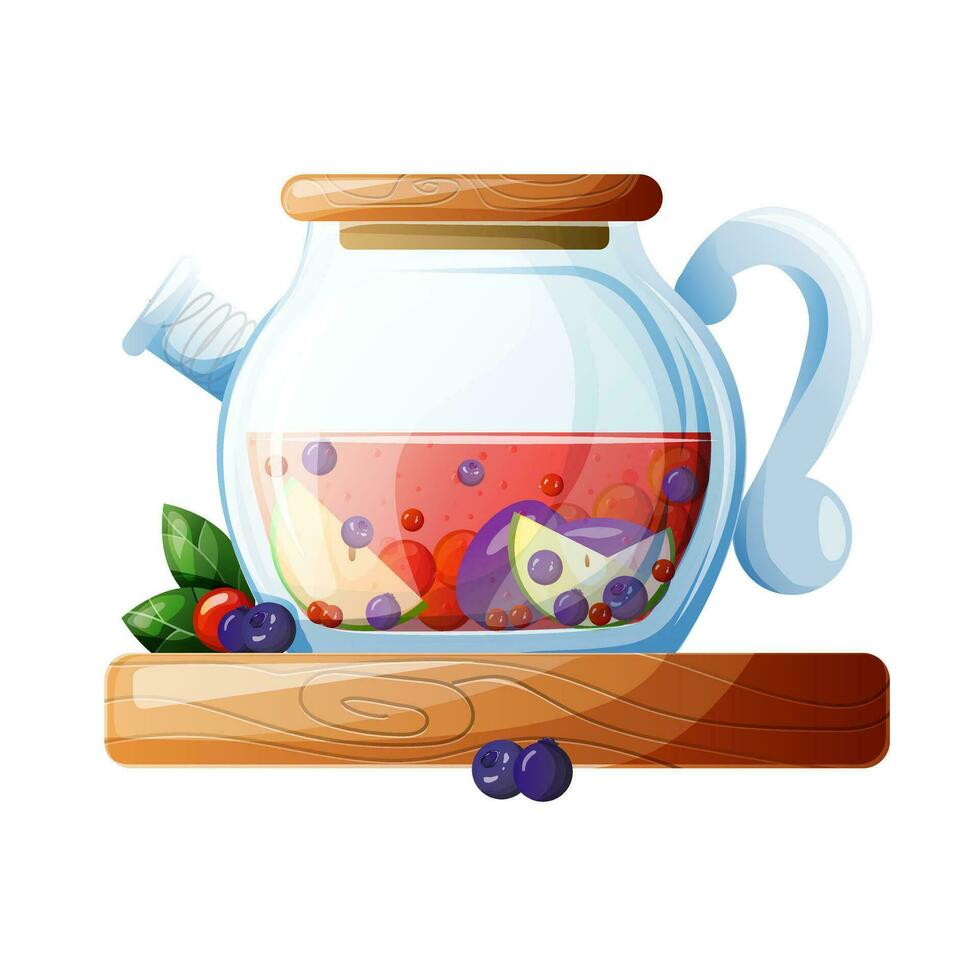 vaso tetera con Fruta y baya. caliente bebida compota en un licorera. té comercio, té fiesta, bebidas, compota, caliente bebida concepto. aislado vector ilustración para póster, bandera, cubrir, menú.