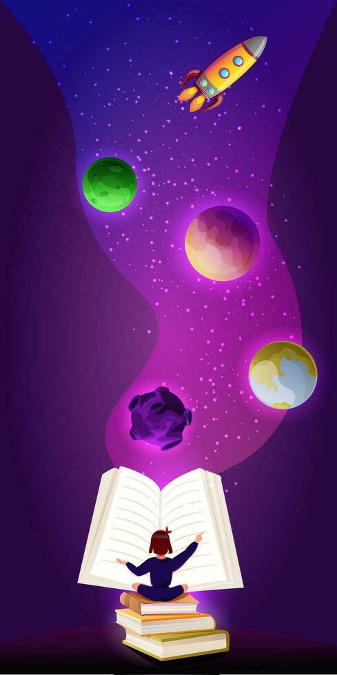 Open book with starry sky, flying rocket, planets, vector illustration in colorful cartoon style. Astronomy science, education. World book day
