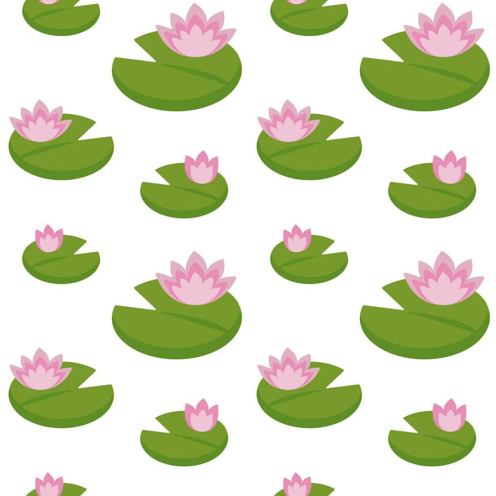 Water lilies seamless pattern. Vector illustration of lotus. Drawing of pink flowers and green leaves. Floral background with water plants.