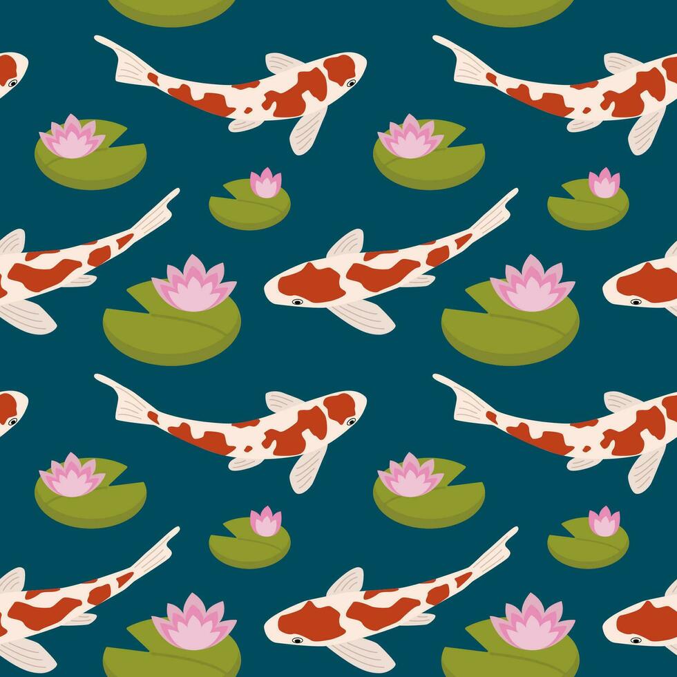 Koi carp seamless pattern. Drawing of spotted japanese fish. Vector illustration. Background with fish and water lilies flowers.