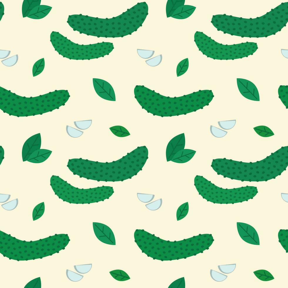 Cucumbers seamless pattern. Vector illustration of vegetables with plant elements. Background with gherkins, garlic clove and green leaves.