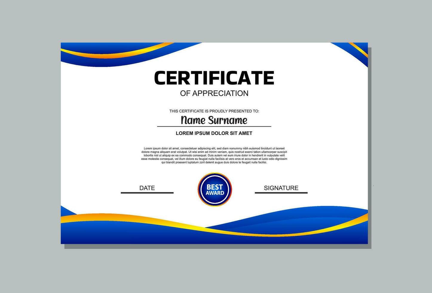A professional certificate template featuring a vibrant blue and orange design. Perfect for recognizing achievements, awards, and accolades in a modern and eye catching manner. vector