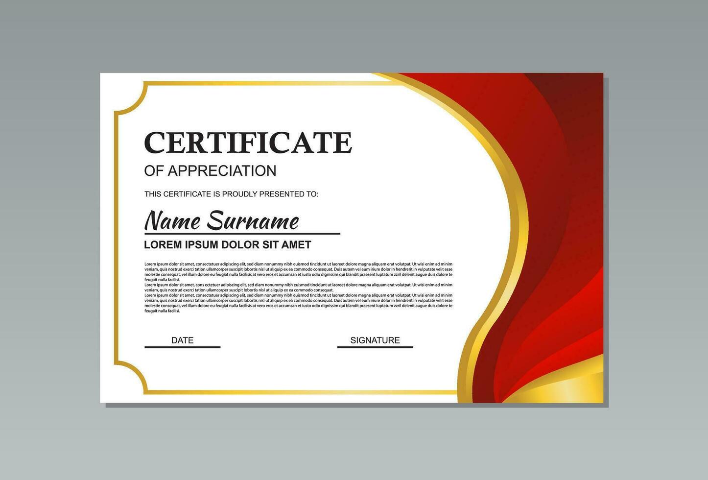 rojo y oro horizontal certificado modelo diseño en resumen estilo para apreciación. vector