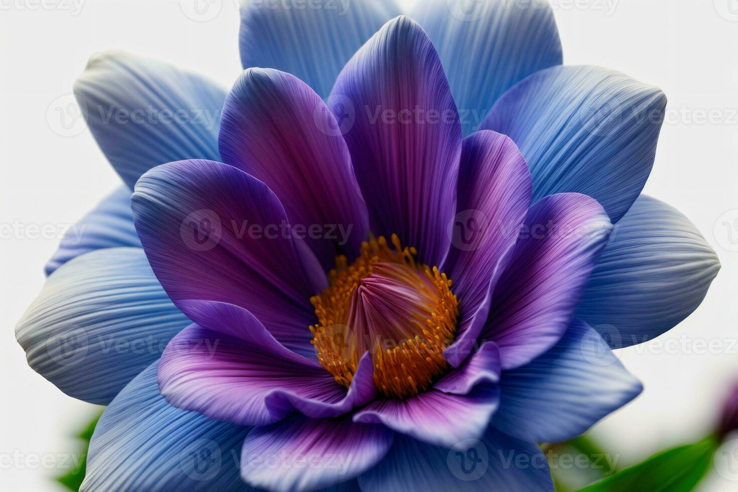 A Blue And Purple Flower With Green Leaves. AI Generated photo