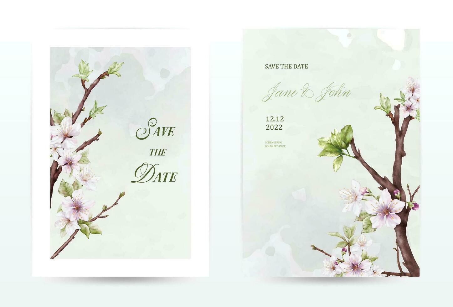 Watercolor cherry blossoms invitation green template cards set vector