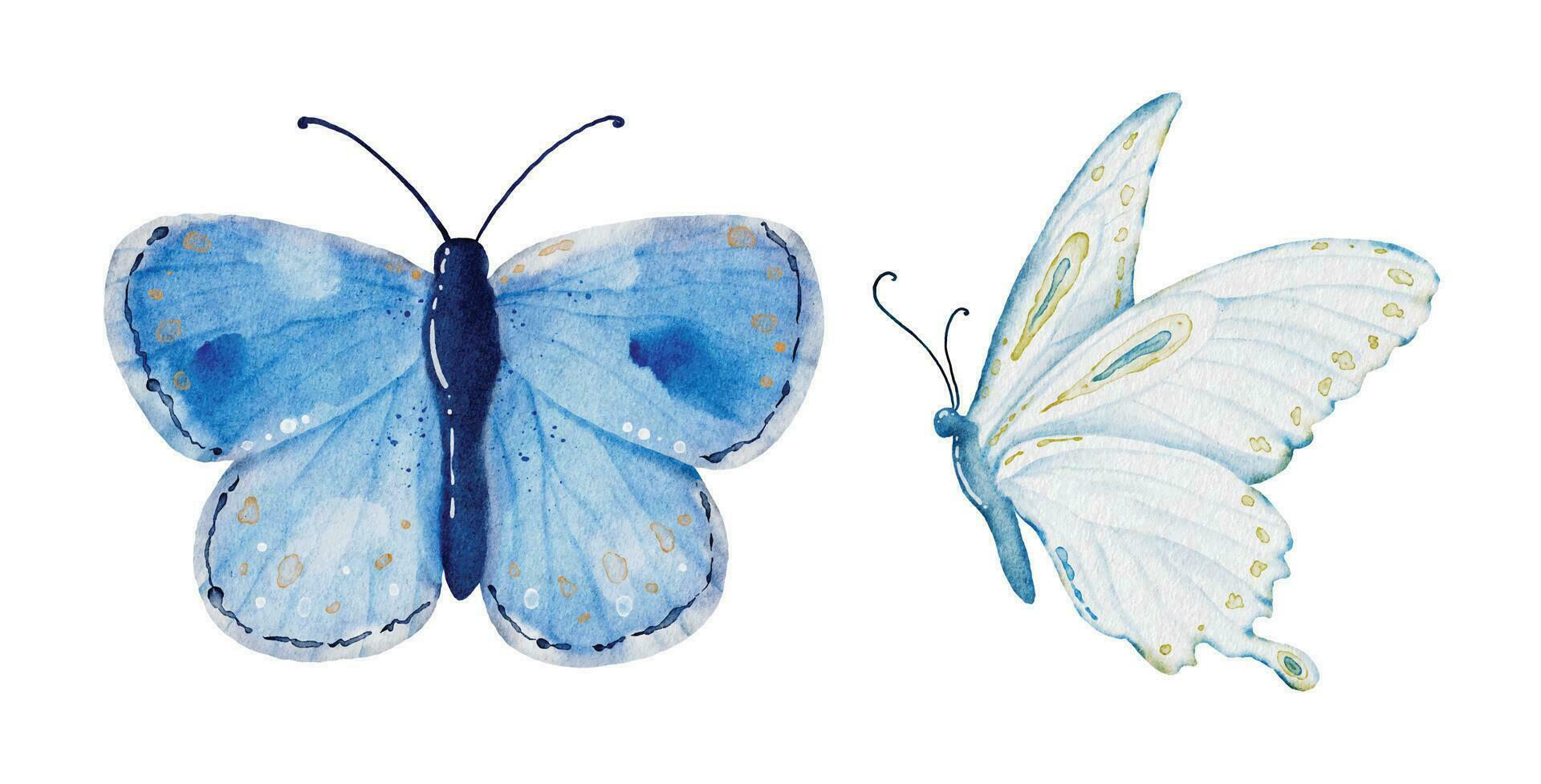 Watercolor blue butterflies collection vector