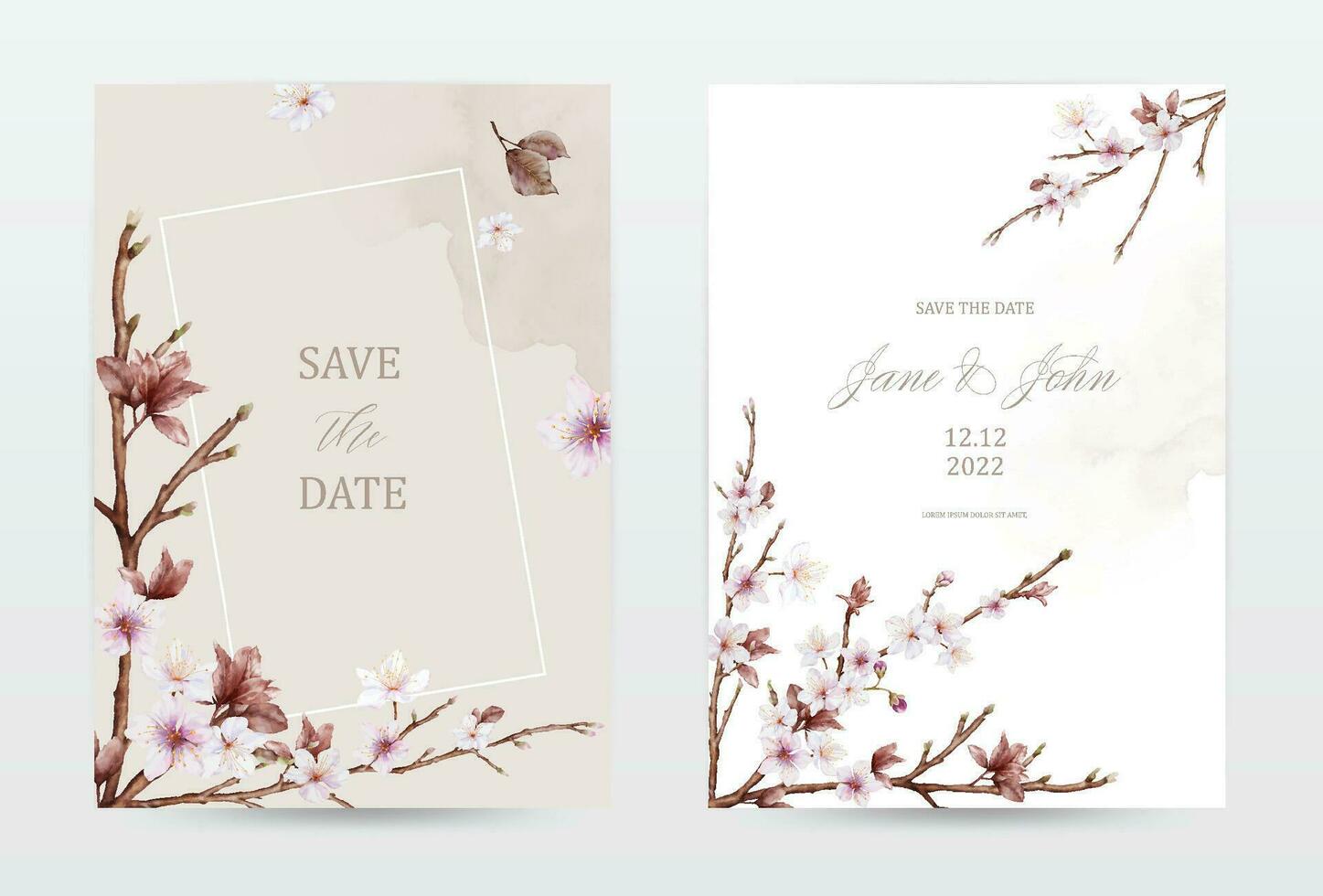 Watercolor cherry blossoms invitation viva magenta template cards set vector