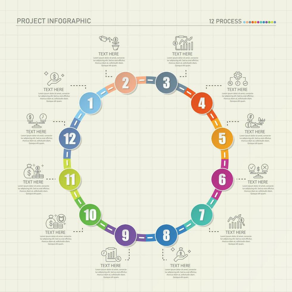 Road way infographic circle of 12 steps and business icons for finance process steps. vector