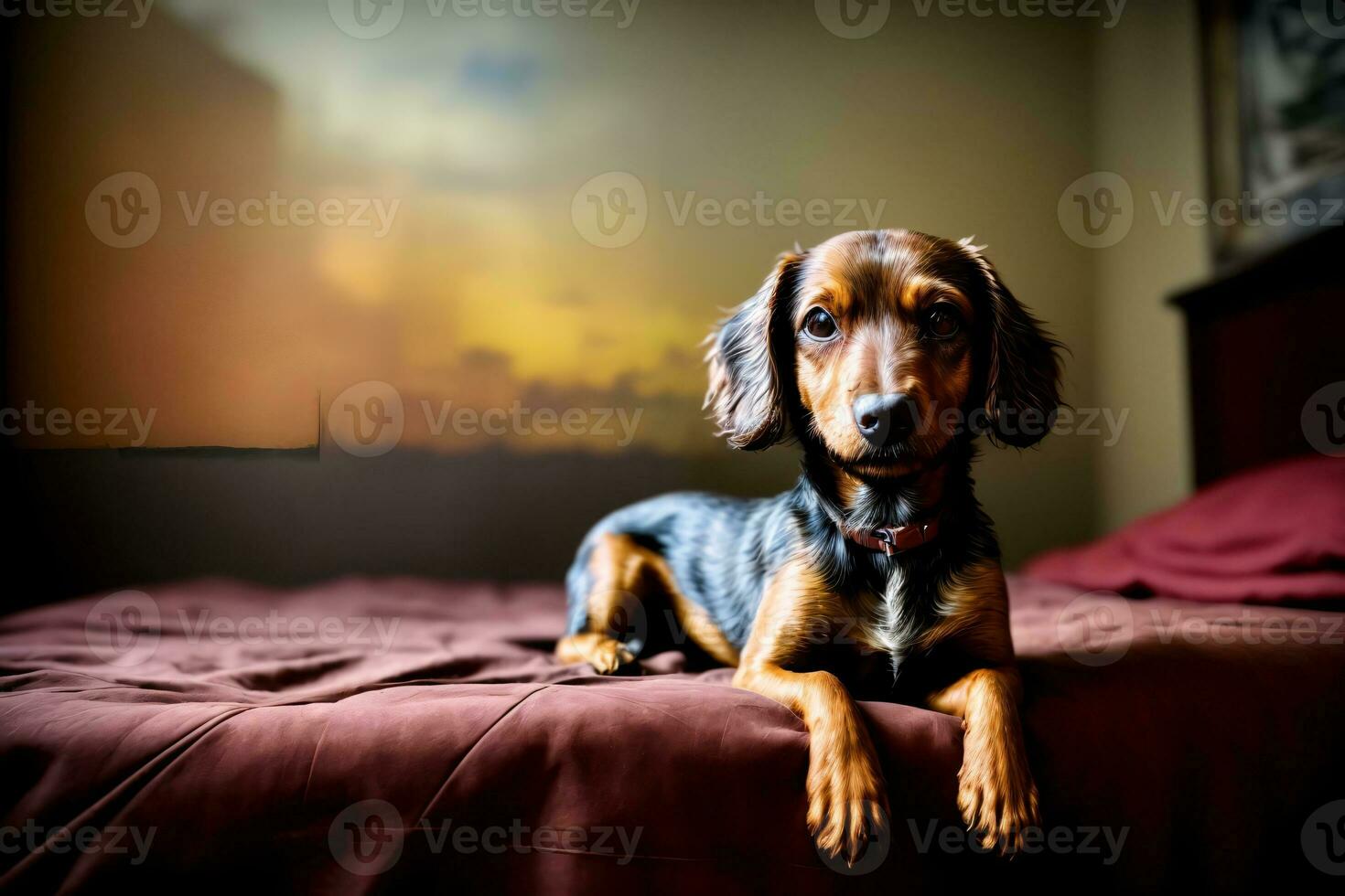 A Brown And Black Dog Laying On Top Of A Bed. AI Generated photo