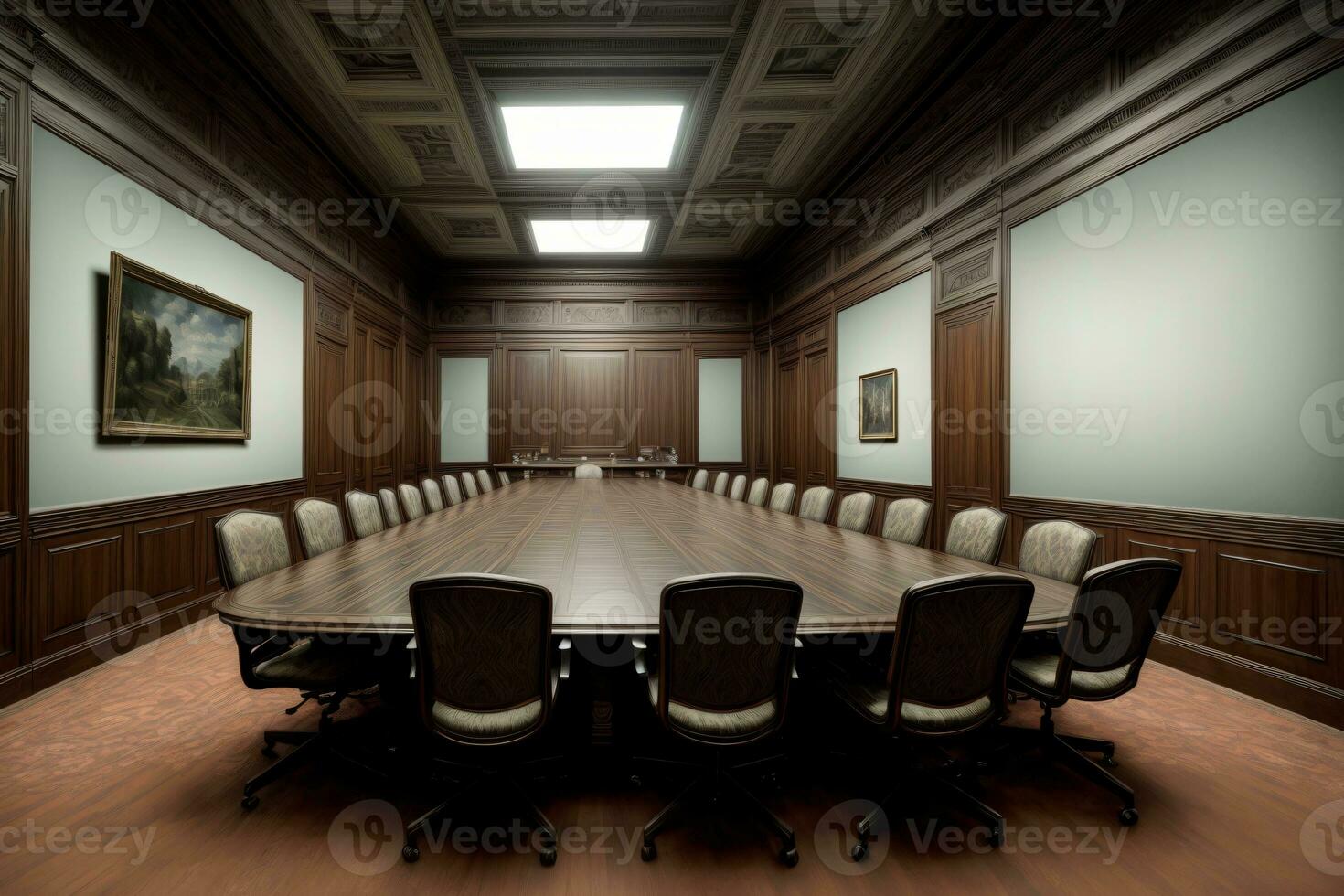 A Conference Room With A Wooden Table And Chairs. AI Generated photo
