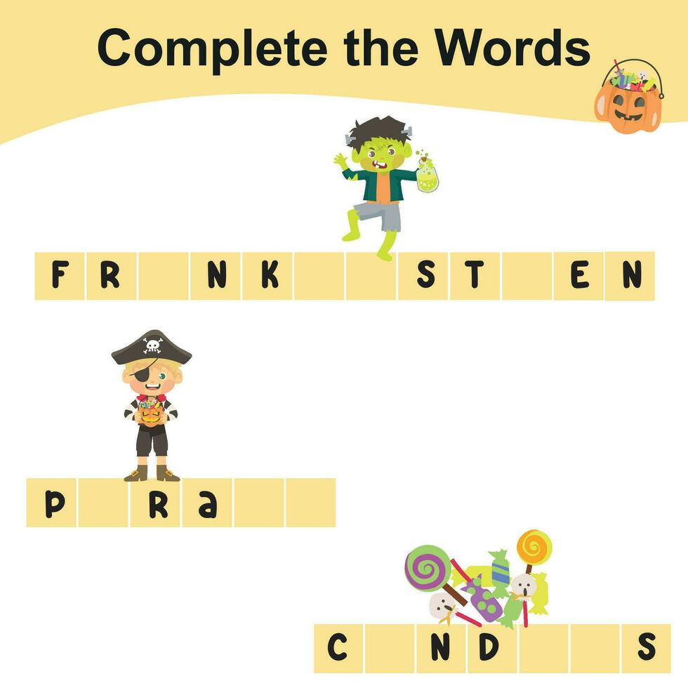 Complete the words worksheet. Write missing letters and complete words. Writing Halloween things sheet with children. Writing activity. Printable activity page for kids. vector