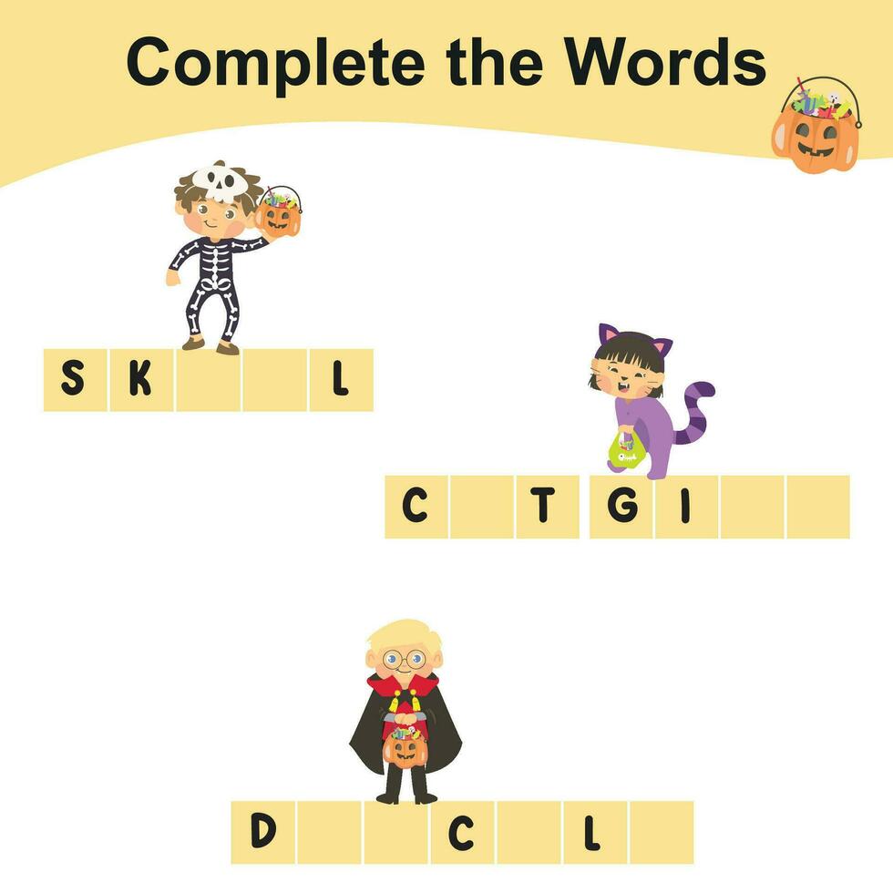 Complete the words worksheet. Write missing letters and complete words. Writing Halloween things sheet with children. Writing activity. Printable activity page for kids. vector