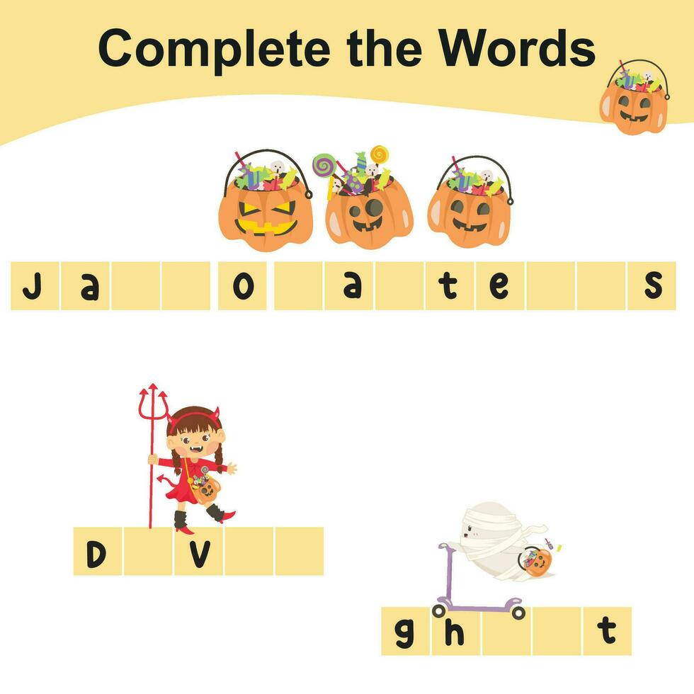 Complete the words worksheet. Write missing letters and complete words. Writing Halloween things sheet with children. Writing activity. Printable activity page for kids. vector