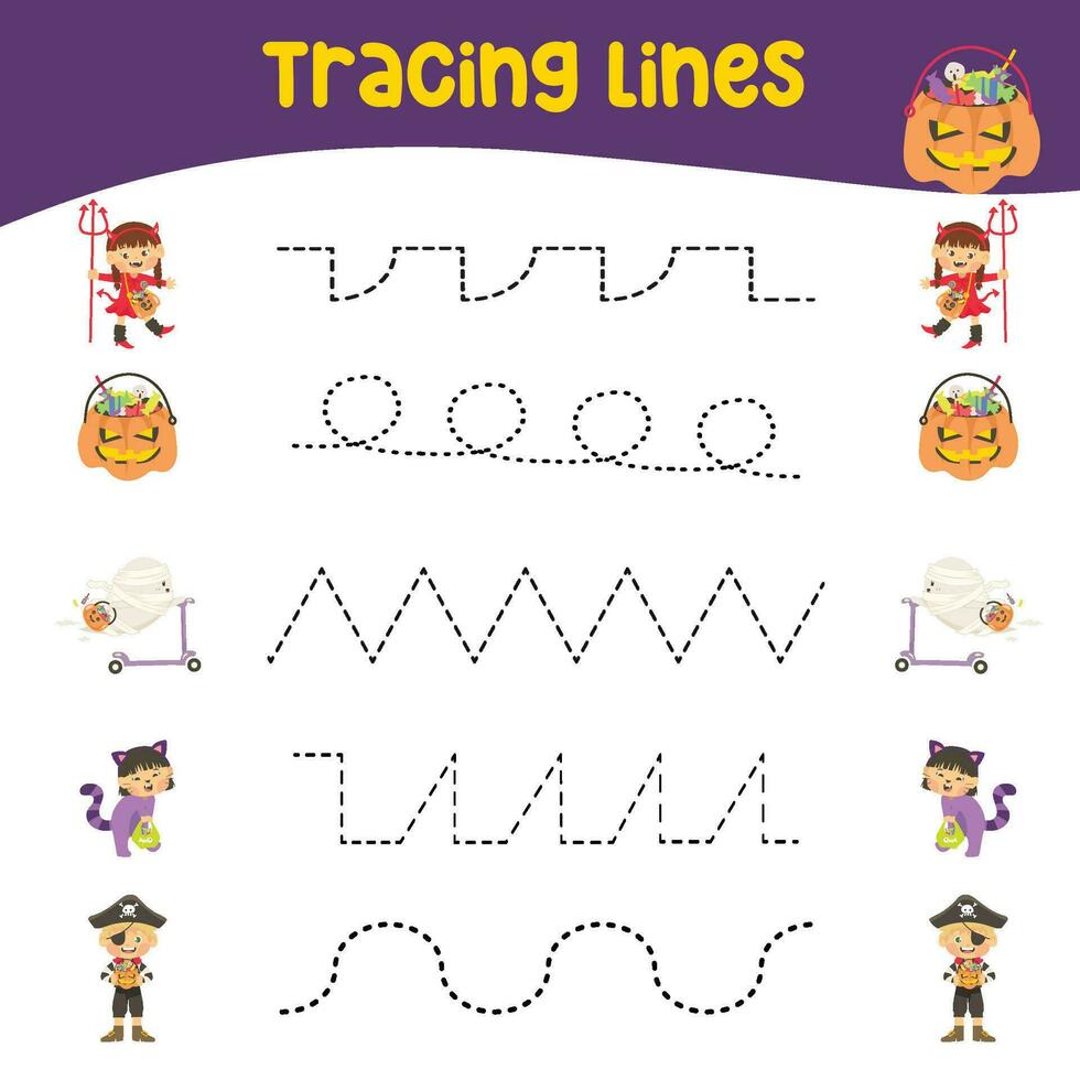 Tracing lines activity for children. Tracing worksheet for kids. Educational printable worksheet. Printable activity page for kids vector