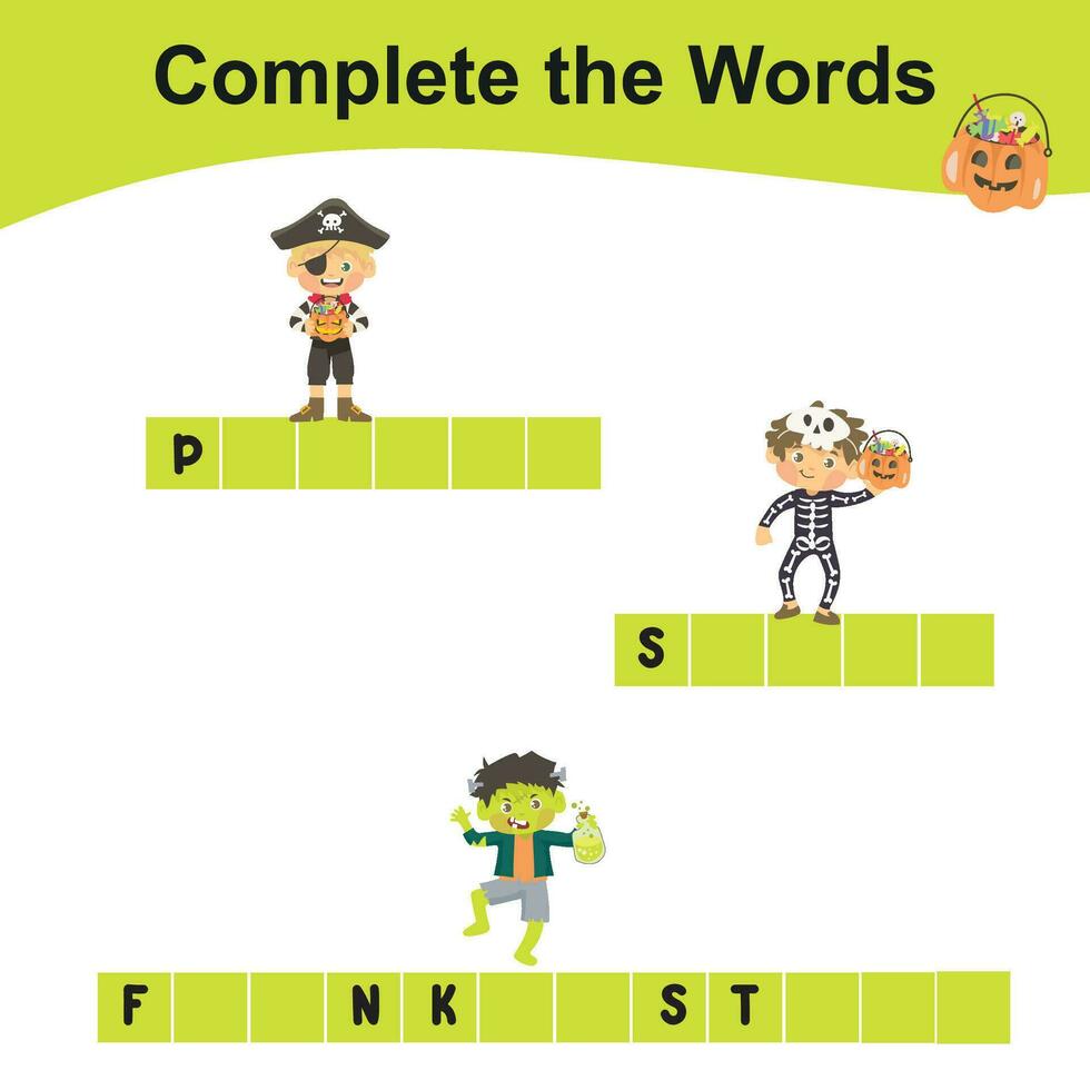 Complete the words worksheet. Write missing letters and complete words. Writing Halloween things sheet with children. Writing activity. Printable activity page for kids. vector