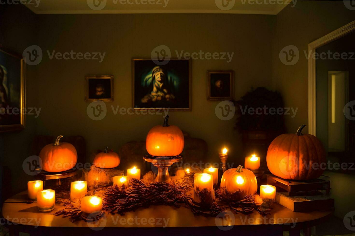 un mesa coronado con un montón de iluminado velas ai generado foto